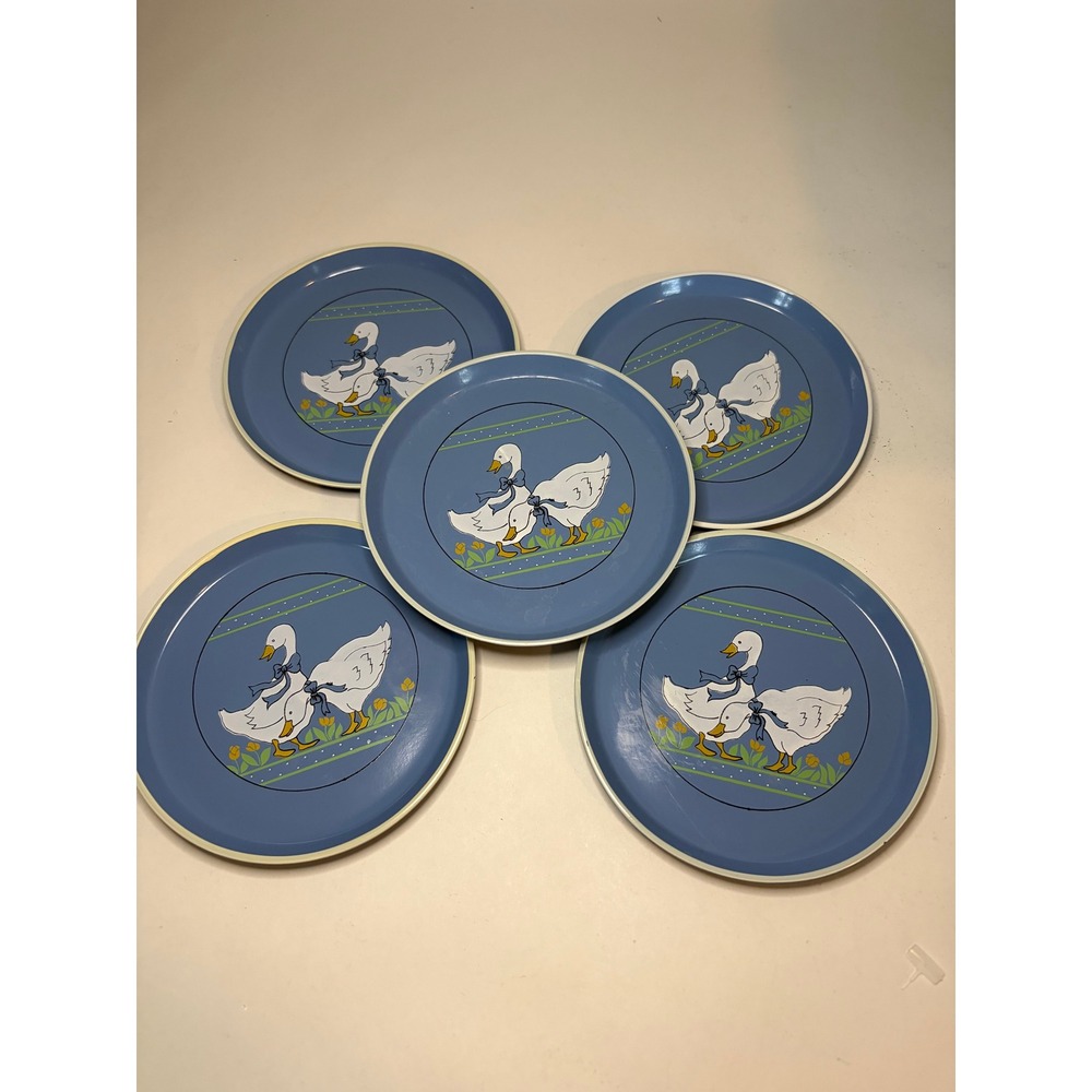Vintage Lot of 5 Country Goose Blue Drink Coasters Plastic 80s Cottagecore